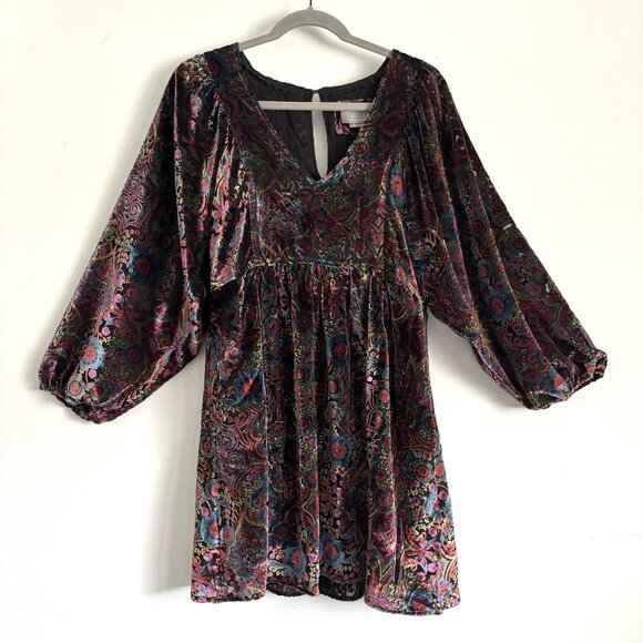 by Anthropologie Mona Burnout Velvet Mini Long Balloon Sleeve Dress Women’s XS - Picture 2 of 11